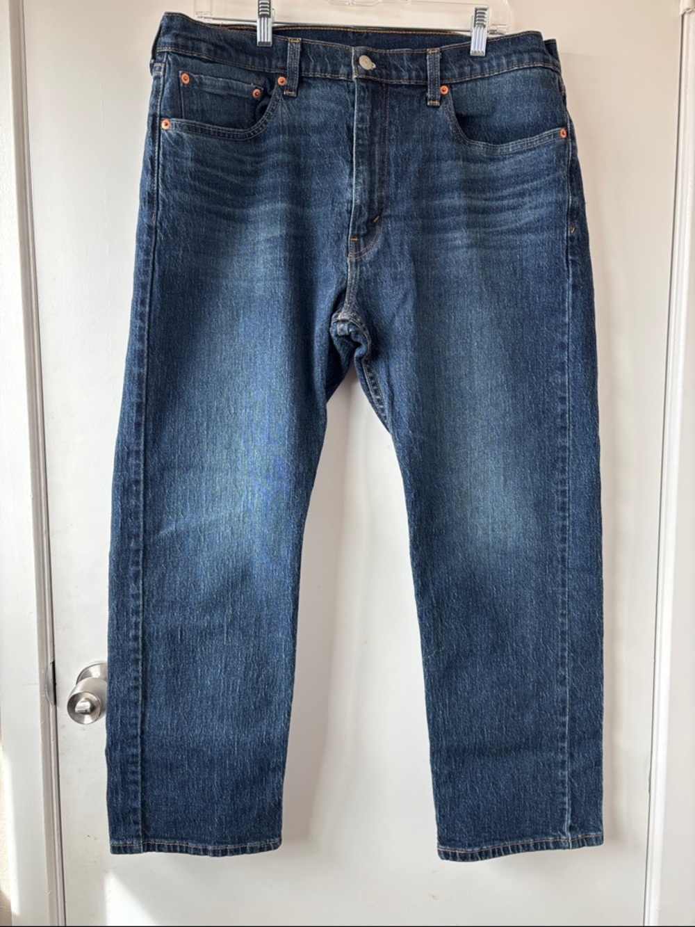 Levi's Men's Dark Blue Straight Jeans with Tan Patch